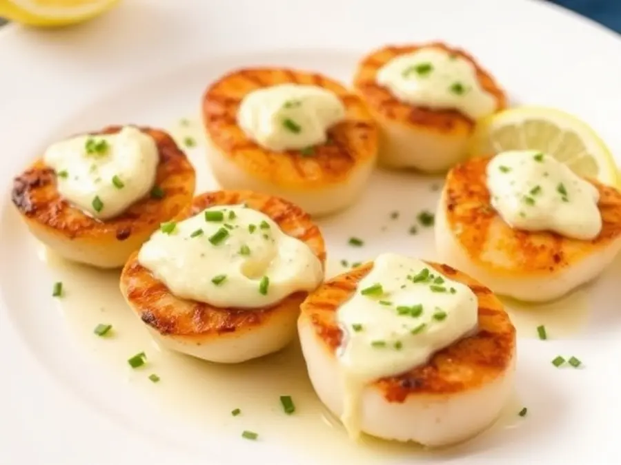 Seared Scallops Appetizer with Garlic Spread and Lemon Zing