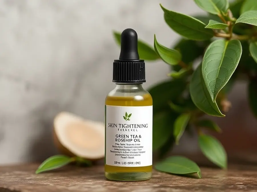 Skin tightening- green tea and rosehip oil facial serum (herbal remedy)