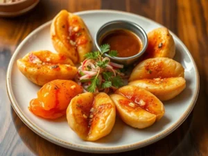 Asian appetizer platter with spring rolls, gyoza, and mango sticky rice