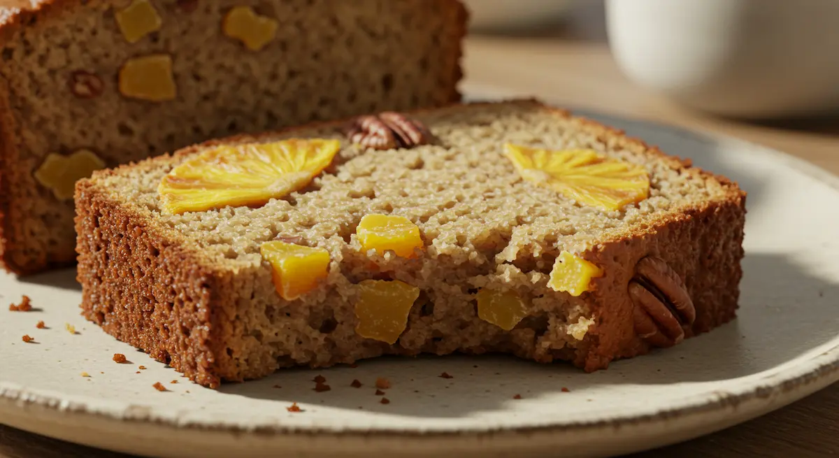 Inblog - close-up of banana bread slice with dried pineapple and pecans