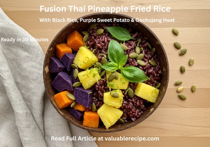 Printable recipe card beside finished rice dish