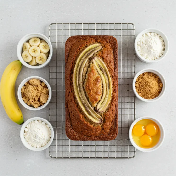 Recipecard - flat lay of banana bread loaf with ingredients