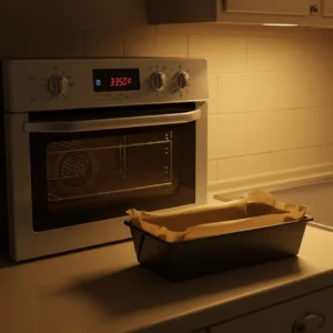 Step 1 - loaf pan lined and oven preheated to 350 degrees