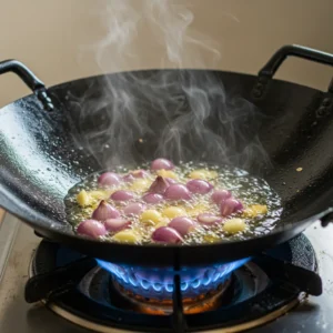 Garlic and shallots cooking in coconut oil