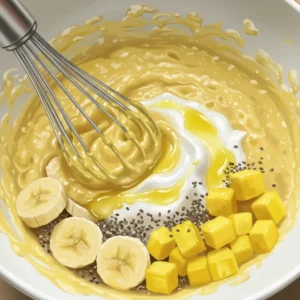 Step 2 - mixing mashed bananas, yogurt, oil, and fruit in a bowl