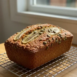 Step 6 - banana bread cooling in loaf pan on wire rack