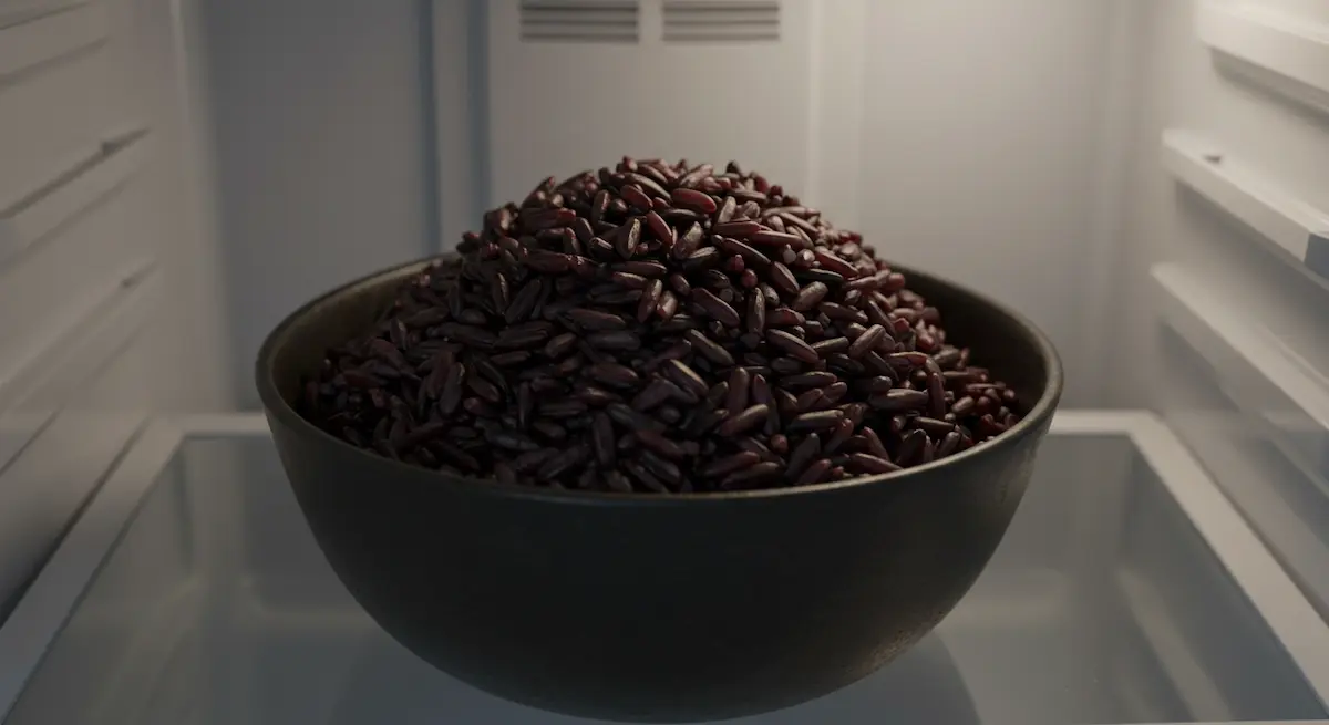 Cooked black rice chilled overnight in a bowl inside the refrigerator