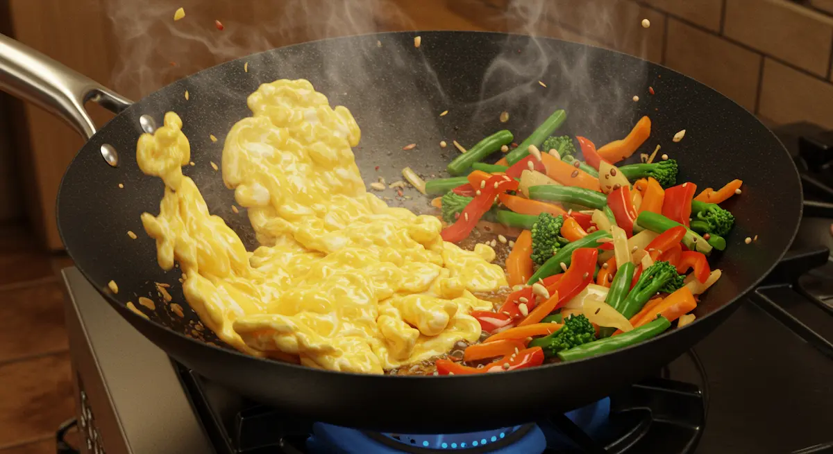 Scrambled eggs cooking alongside sautéed vegetables in a wok