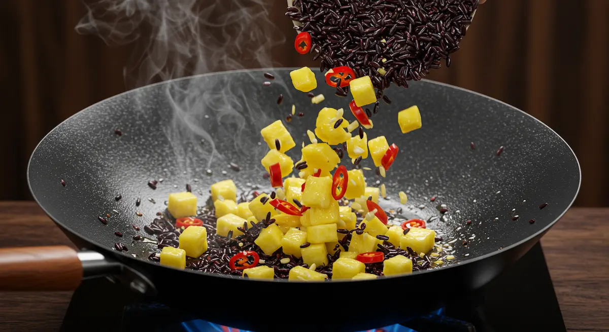 Chilled black rice, pineapple, and red chili being stir-fried in a hot wok