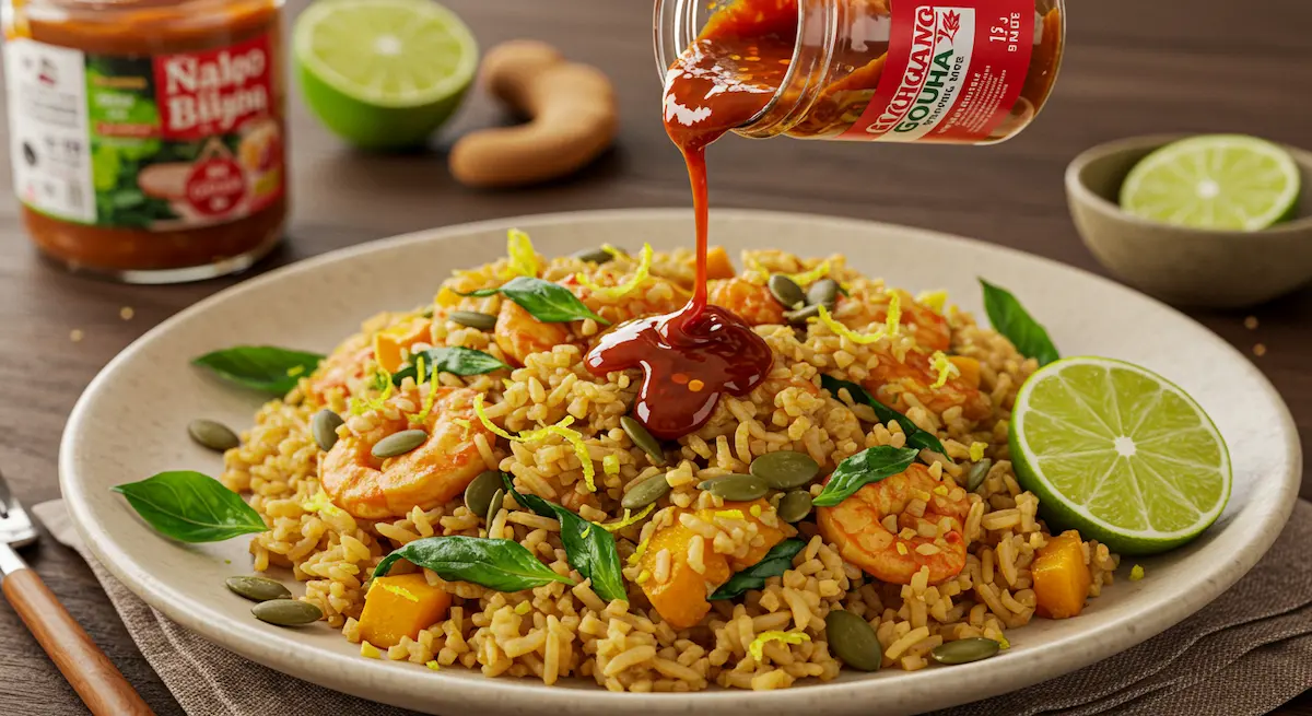 Sauces including gochujang, tamarind, and coconut aminos added to stir-fried rice