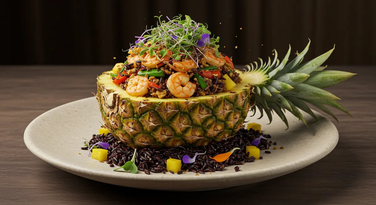 Garnished thai pineapple fried rice with pumpkin seeds and microgreens