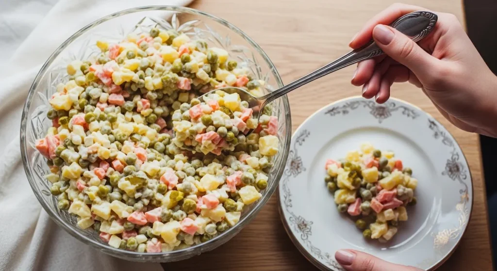 Top-down view of a crystal bowl of creamy olivier salad from russia with a silver serving spoon held by a hand.