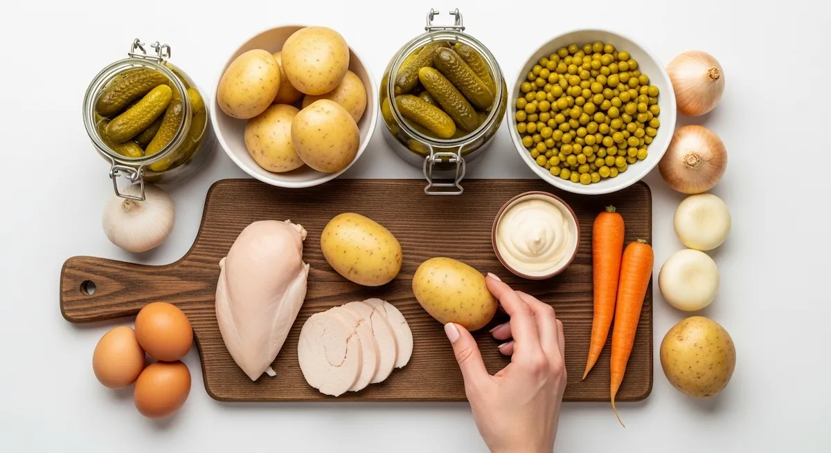 Fresh ingredients for olivier salad from russia including potatoes, carrots, peas, pickles, and eggs arranged on a wooden board.