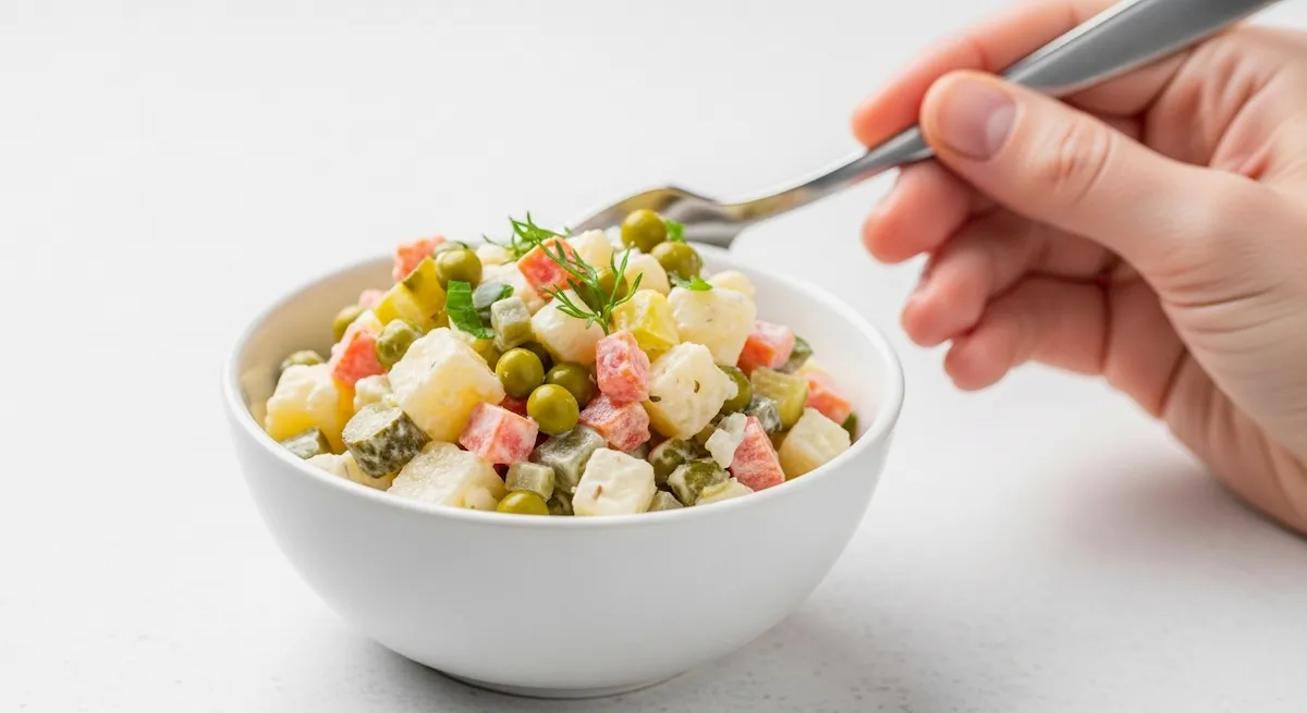 Crystal clear close-up of creamy olivier salad from russia in a white bowl with a sharp human hand holding a fork beside it.