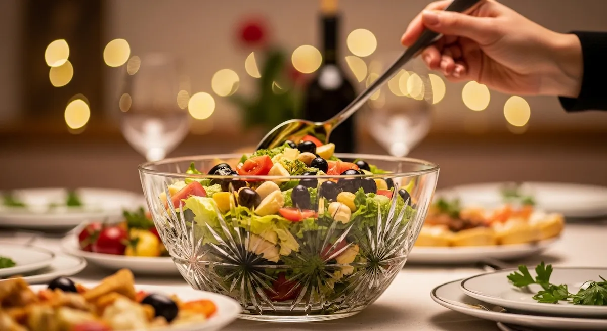 Large glass bowl of olivier salad from russia being served with a spoon by a hand.