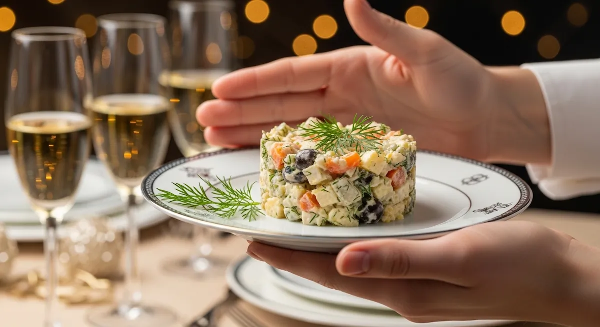 Plated olivier salad from russia on an appetizer plate garnished with dill, held by hands.