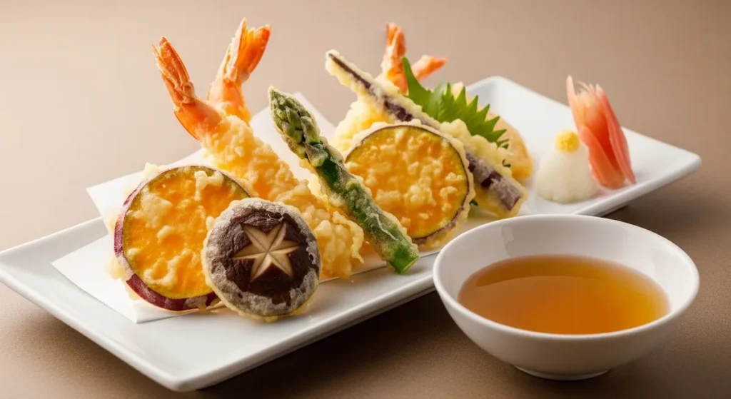 Golden crispy japanese tempura appetiser with shrimp and vegetables served with dipping sauce