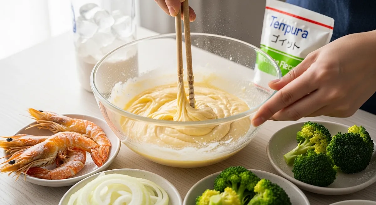 Hands mixing tempura batter in a bowl for preparing crispy appetizer