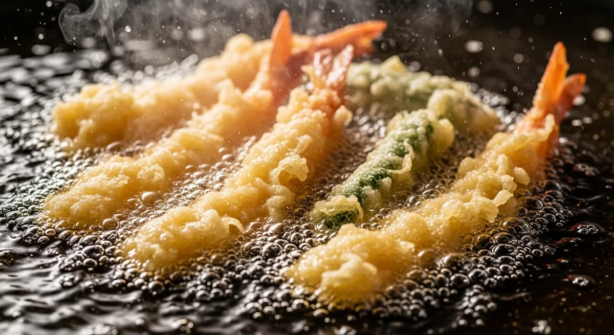 Tempura shrimp frying in hot oil creating crispy golden texture