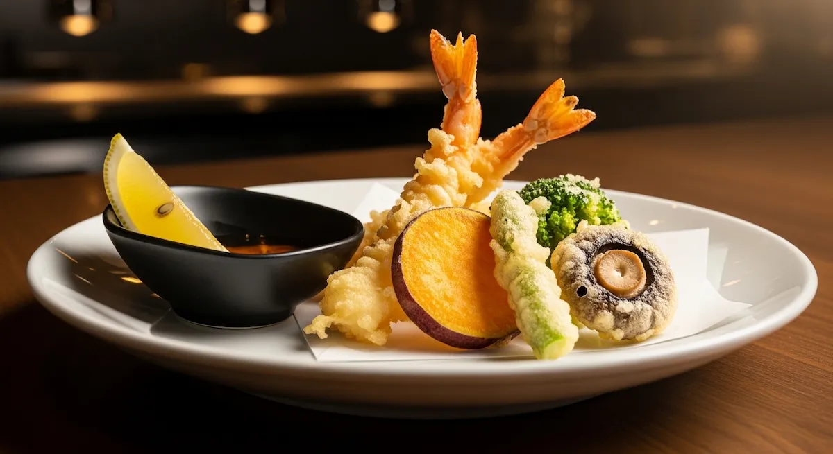 Plated japanese tempura appetizer served with dipping sauce and lemon slice
